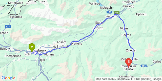 Map: Innsbruck Airport (INN) to Ramsau im Zimmertal