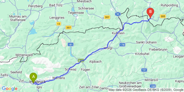 Map: Innsbruck Airport (INN) to Reit im Winkl