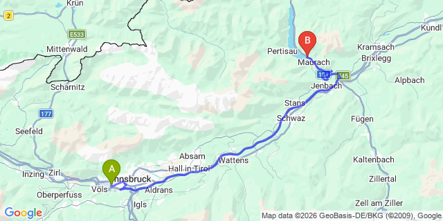Map: Innsbruck Airport (INN) to Rofangarten