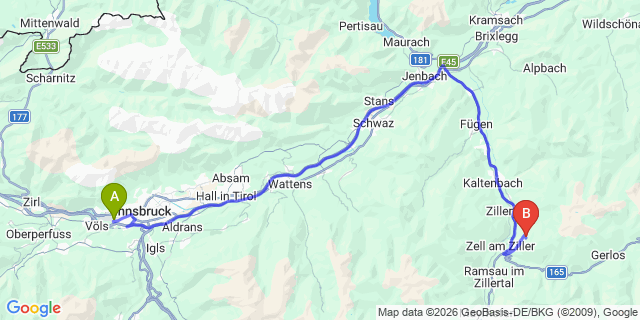 Map: Innsbruck Airport (INN) to Rohrberg im Zillertal