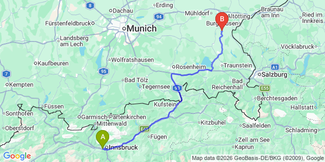 Map: Innsbruck Airport (INN) to Saalbach