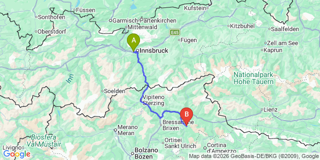 Map: Innsbruck Airport (INN) to San Vigilio