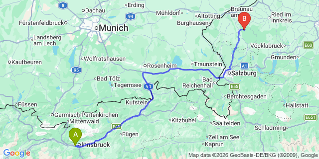Map: Innsbruck Airport (INN) to Sankt Johann im Pongau