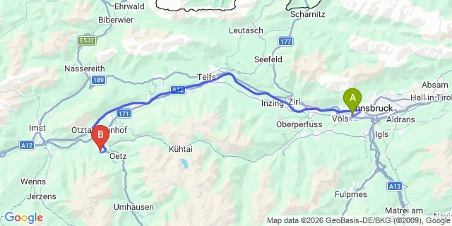 Map: Innsbruck Airport (INN) to Sautens im otztal