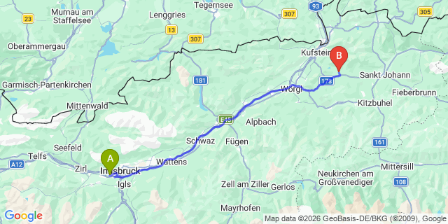 Map: Innsbruck Airport (INN) to Scheffau