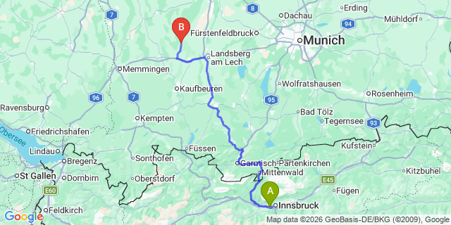 Map: Innsbruck Airport (INN) to Schonwies