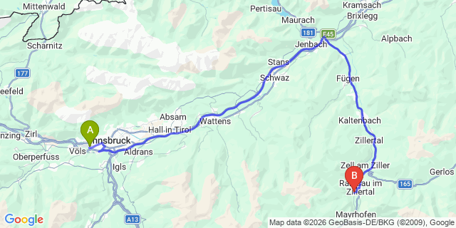 Map: Innsbruck Airport (INN) to Schwendau
