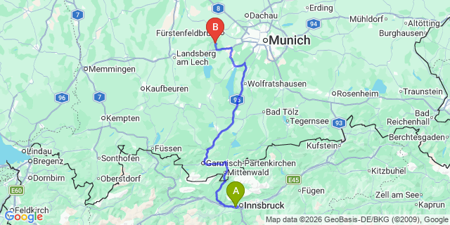 Map: Innsbruck Airport (INN) to Seefeld in Tirol