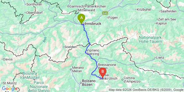 Map: Innsbruck Airport (INN) to Selva di Valgardena