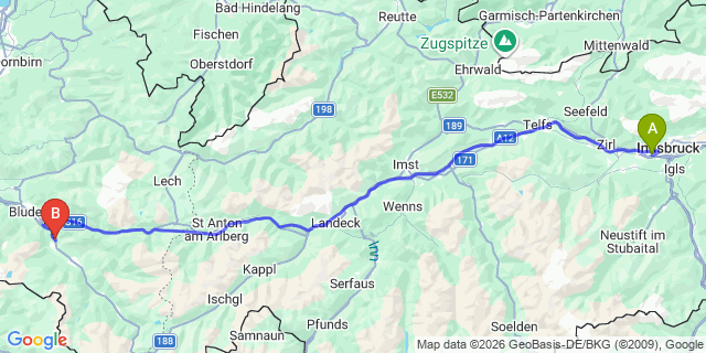 Map: Innsbruck Airport (INN) to St. Anton im Montafon