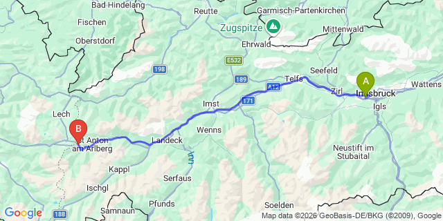 Map: Innsbruck Airport (INN) to St. Christoph am Arlberg