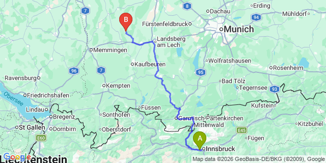 Map: Innsbruck Airport (INN) to Stanz bei Landeck
