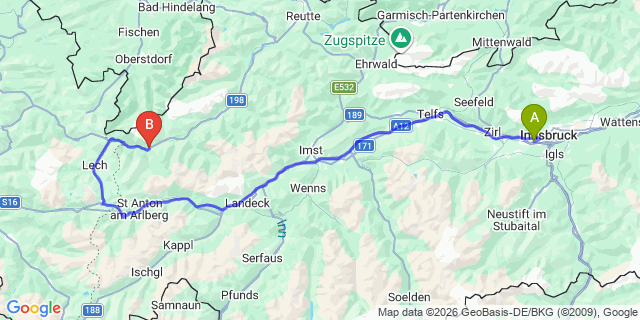 Map: Innsbruck Airport (INN) to Steeg (Summer)