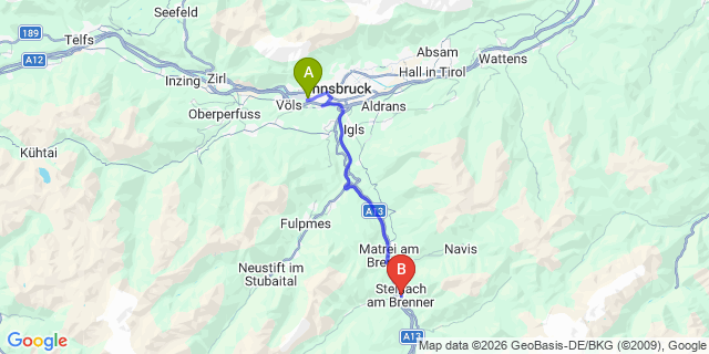 Map: Innsbruck Airport (INN) to Steinach