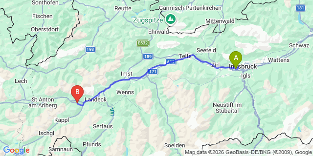Map: Innsbruck Airport (INN) to Strengen am Arlberg