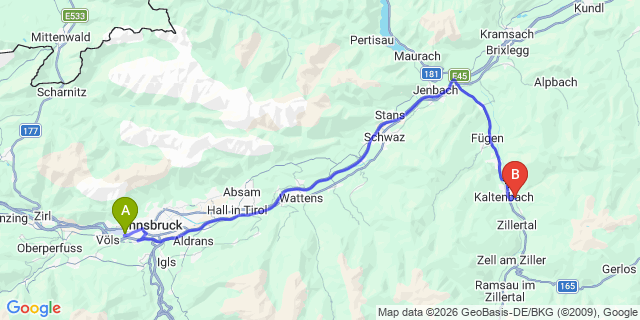 Map: Innsbruck Airport (INN) to Stumm im Zillertal