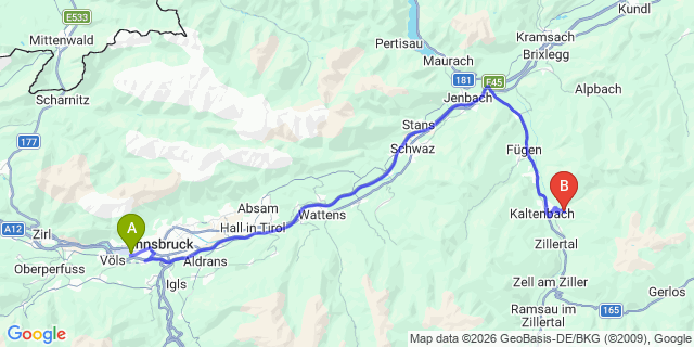 Map: Innsbruck Airport (INN) to Stummerberg im Zillertal