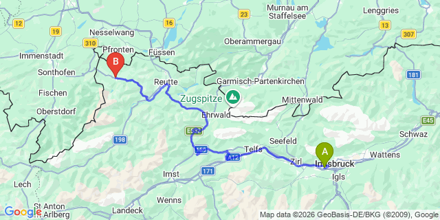 Map: Innsbruck Airport (INN) to Tannheim