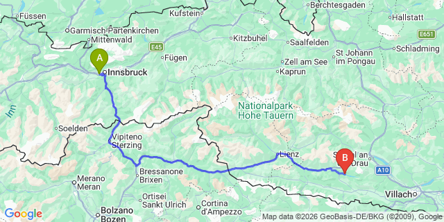 Map: Innsbruck Airport (INN) to Techendorf