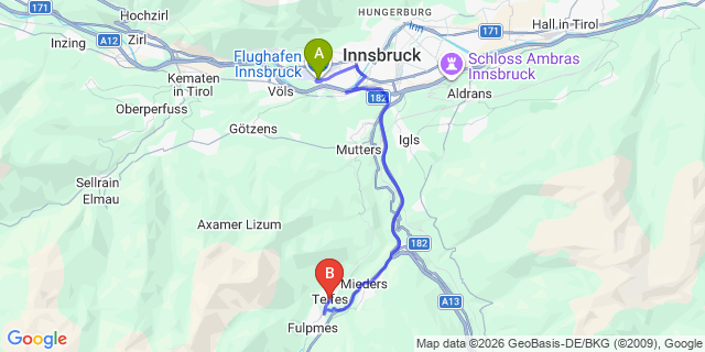 Map: Innsbruck Airport (INN) to Telfes im Stubaital