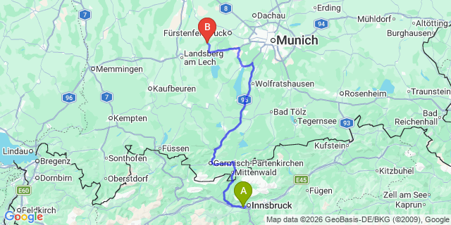 Map: Innsbruck Airport (INN) to Telfs