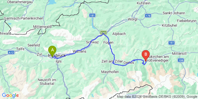 Map: Innsbruck Airport (INN) to Unterkrimml