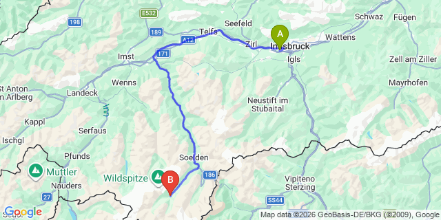 Map: Innsbruck Airport (INN) to Vent