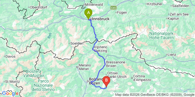 Map: Innsbruck Airport (INN) to Vigo di Fassa