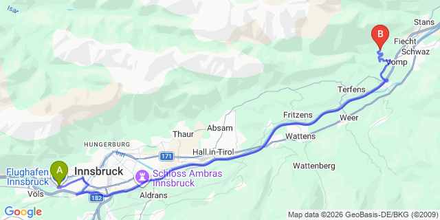 Map: Innsbruck Airport (INN) to Vomperberg