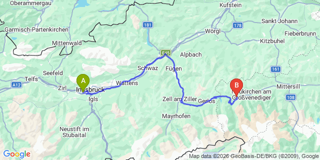 Map: Innsbruck Airport (INN) to Vorderkrimml
