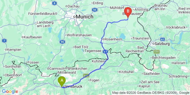 Map: Innsbruck Airport (INN) to Waidring