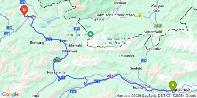 Map: Innsbruck Airport (INN) to Wangle Bei Reutte
