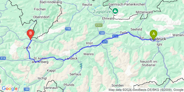 Map: Innsbruck Airport (INN) to Warth am Arlberg (Winter)