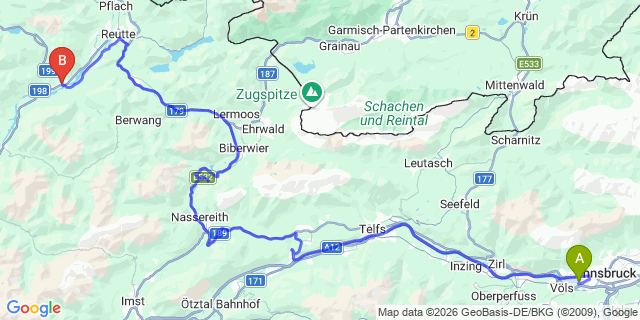 Map: Innsbruck Airport (INN) to Weissenbach am Lech