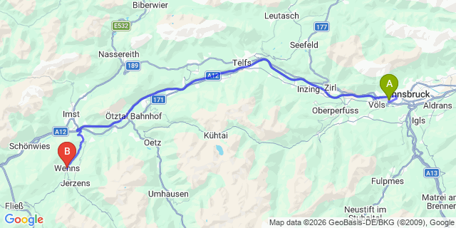 Map: Innsbruck Airport (INN) to Wenns im Pitztal