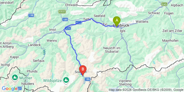 Map: Innsbruck Airport (INN) to Zwieselstein