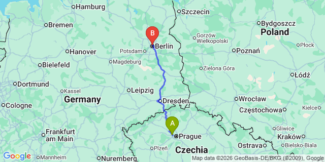 Map: Prague Airport (PRG) to Berlin city (all areas)