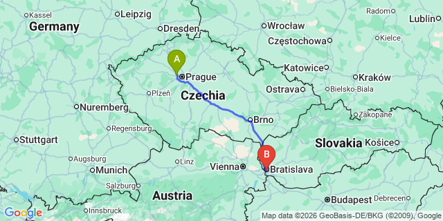 Map: Prague Airport (PRG) to Bratislava city (all areas)