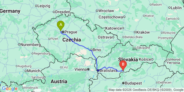 Map: Prague Airport (PRG) to Budapest city (all areas)