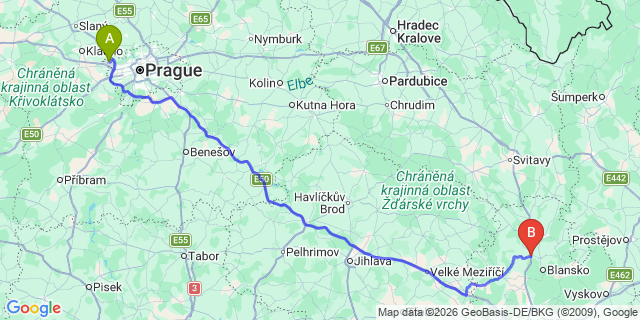 Map: Prague Airport (PRG) to Cerna Hora