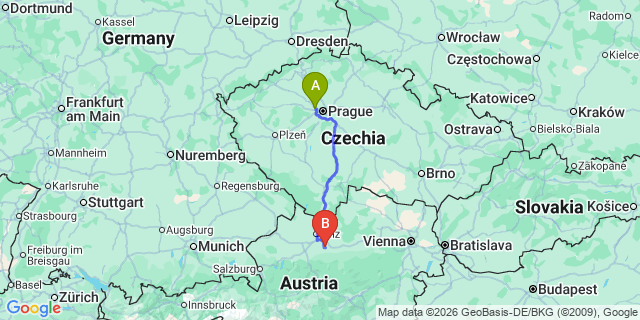 Map: Prague Airport (PRG) to Ceske Budejovice