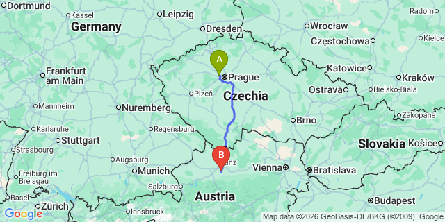 Map: Prague Airport (PRG) to Cesky Krumlov