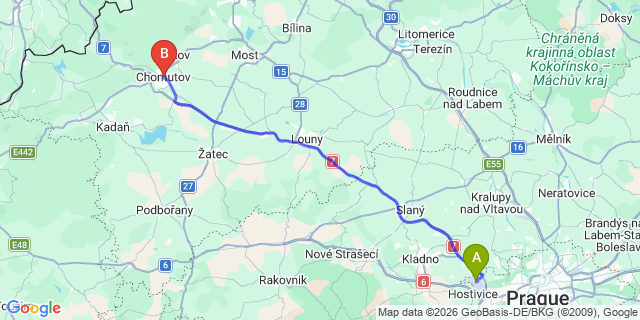 Map: Prague Airport (PRG) to Chomutov
