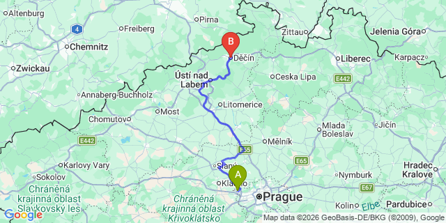 Map: Prague Airport (PRG) to Decin