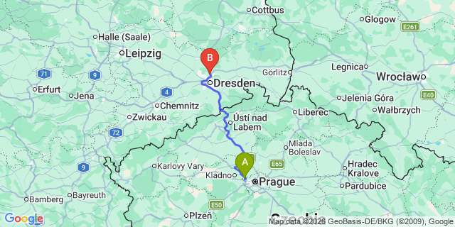 Map: Prague Airport (PRG) to Dresden city (all areas)