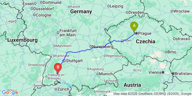 Map: Prague Airport (PRG) to Frankfurt am Main