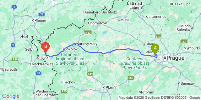 Map: Prague Airport (PRG) to Frantiskovy-Lazne