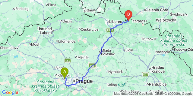 Map: Prague Airport (PRG) to Harrachov