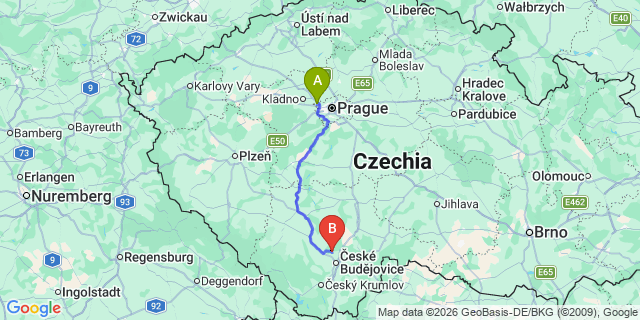 Map: Prague Airport (PRG) to Hluboka-Nad-Vltavou