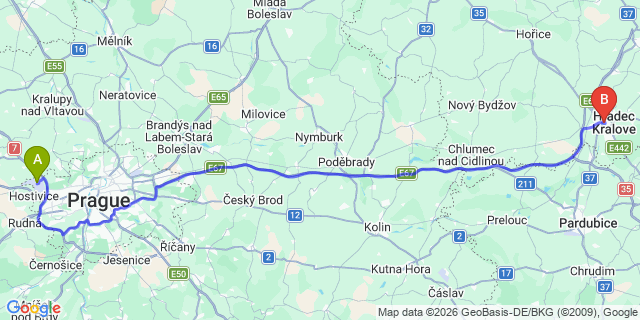 Map: Prague Airport (PRG) to Hradec-Kralove